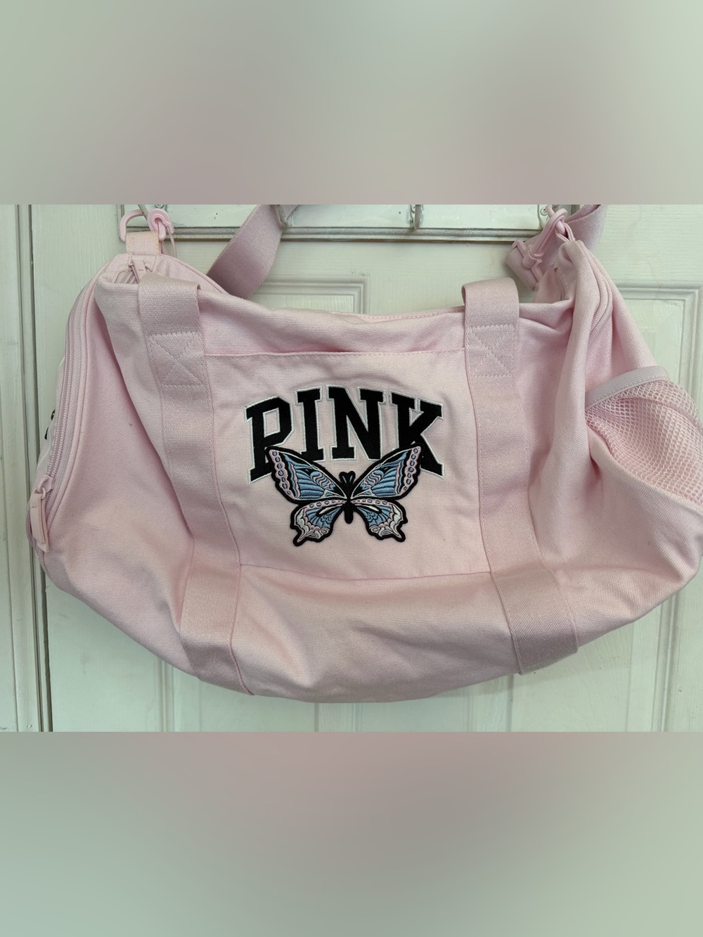 PINK Victoria's Secret Light Pink Canvas Tote with Blue Butterfly Patch